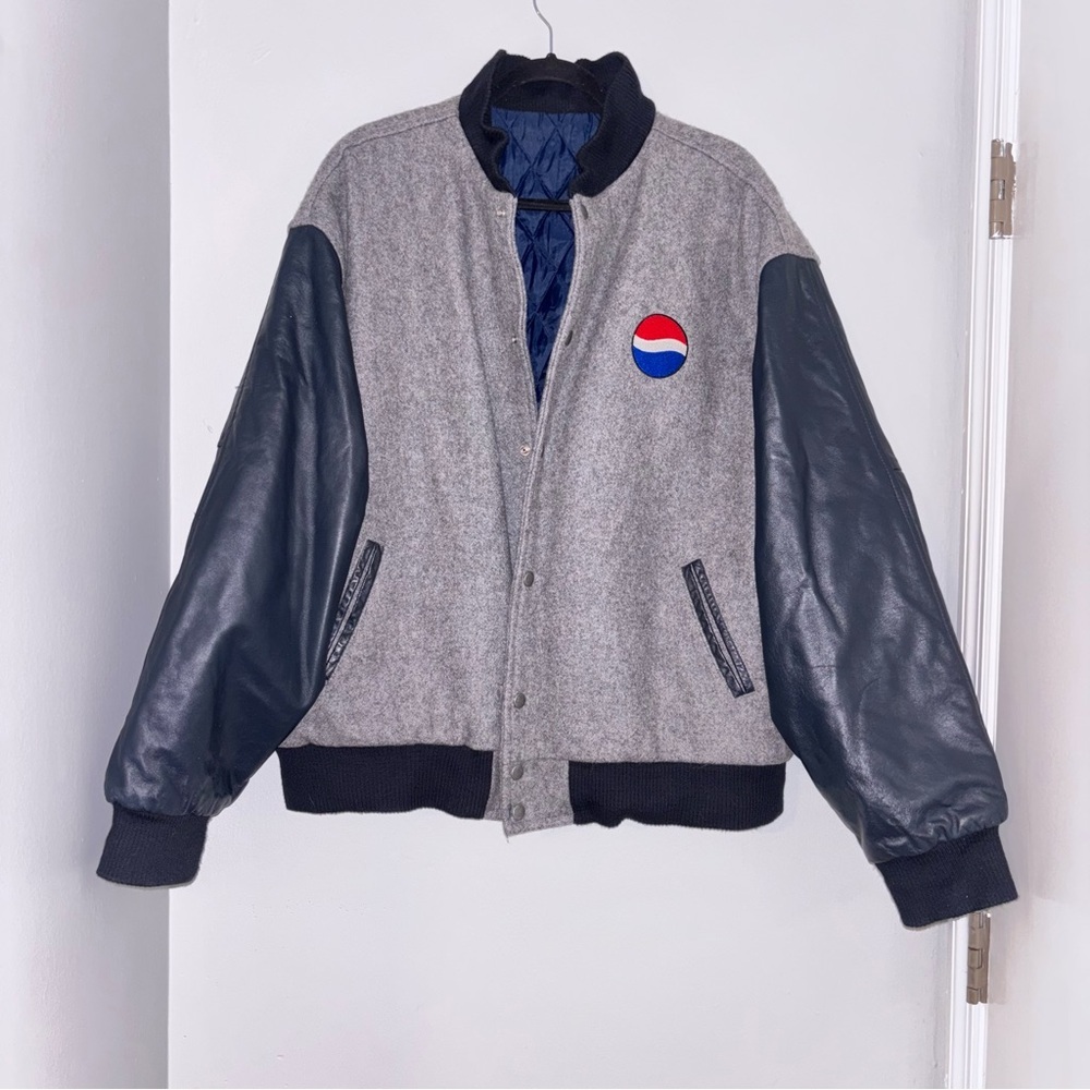 Vintage Pepsi Cola Identity Inc Wool Leather Varsity Bomber Jacket XL USA